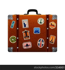 Travel stickers on retro leather suitcase. Vector labels set on baggage leather, bag suitcase for tourism illustration. Travel stickers on retro leather suitcase. Vector labels set