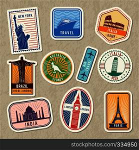 Travel stickers set with different worldwide architectural symbols. Vector labels with grunge texture. Sticker architecture tower eiffel and coliseum illustration. Travel stickers set with different worldwide architectural symbols. Vector labels with grunge texture