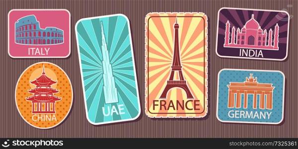 Travel stickers with famous world attractions set. Souvenirs from travelling with world landmarks of round and rectangular stikers shape vector illustrations.. Travel Stickers with Famous World Attractions Set