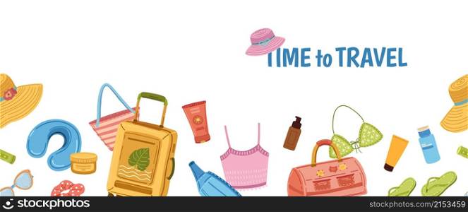 Travel stuff banner. Tourism, tourist luggage and beach bag. Summer vacation seamless border. Ocean sea holidays, season clothes cosmetics and vector. Illustration trip and luggage, tourism adventure. Travel stuff banner. Tourism, tourist luggage and beach bag. Summer vacation seamless border. Ocean sea holidays, season clothes cosmetics and accessories vector background