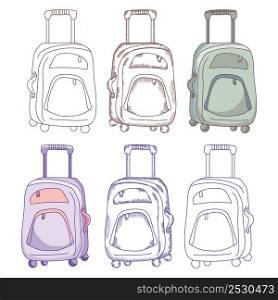 Travel stuff. The suitcase is on wheels. Different design options - contour, shading, vintage, contour and color. Green and purple. Vector illustration