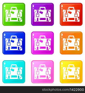 Travel suitcase icons set 9 color collection isolated on white for any design. Travel suitcase icons set 9 color collection