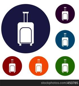 Travel suitcase icons set in flat circle reb, blue and green color for web. Travel suitcase icons set