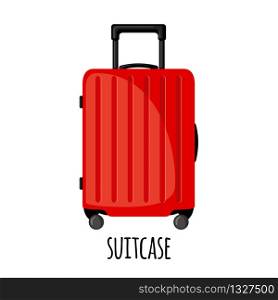 Travel suitcase with wheels in flat style isolated on white background. Red luggage icon for trip, tourism, voyage or summer vacation.. Vector Travel suitcase icon with wheels in flat style isolated on white.