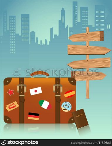 Travel suitcases, International passport, and route direction sign