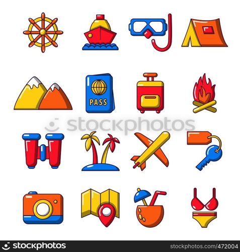 Travel summer icons set. Cartoon illustration of 16 building vehicles vector icons for web. Travel summer icons set, cartoon style