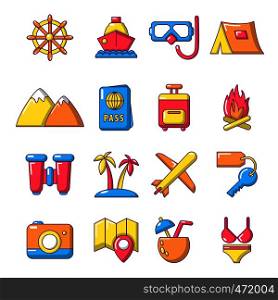 Travel summer icons set. Cartoon illustration of 16 building vehicles vector icons for web. Travel summer icons set, cartoon style