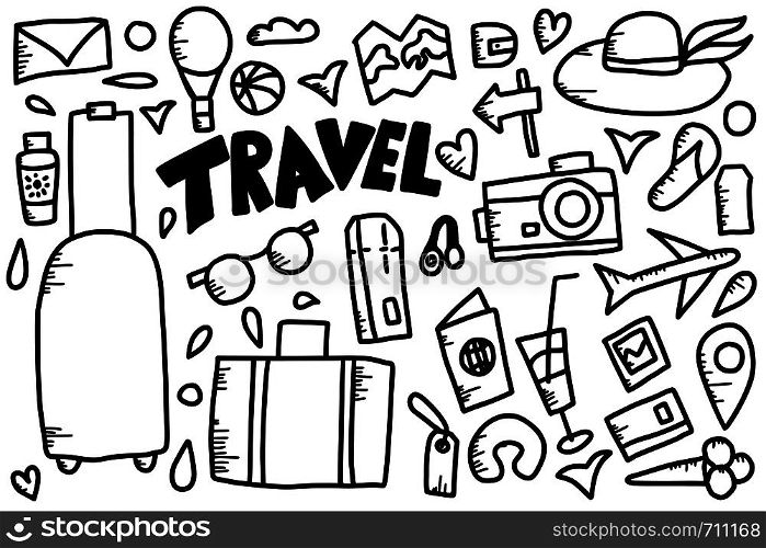 Travel symbols collection in doodle style. Hand drawn trip elements isolated on white background. Vector sketch illustration.