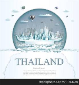 Travel Thailand monument with ancient and city modern building in circle background. Business travel poster and postcard.Travel landmarks of Asia ancient architecture cityscape. Vector illustration