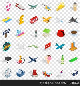 Travel time icons set. Isometric style of 36 travel time vector icons for web for any design. Travel time icons set, isometric style