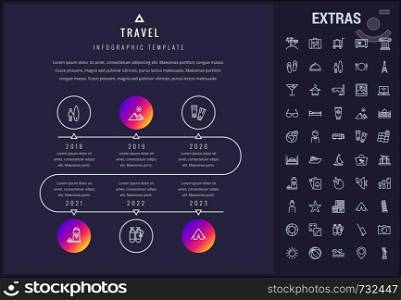 Travel timeline infographic template, elements and icons. Infograph includes years, line icon set with tourist attraction, luggage cart, travel planning, holiday vacation, hotel accommodation etc.. Travel infographic template, elements and icons.