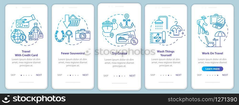 Travel tips onboarding mobile app page screen with concepts. Credit card advantages. Money saving tourism walkthrough five steps graphic instructions. UI vector template with RGB color illustrations