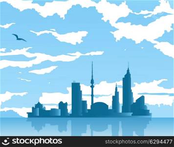 Travel to a distant city on the horizon. Vector city with reflection in the sea surface.
