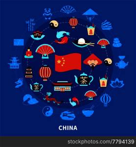 Travel to china set with chinese traditional food flag and symbols on blue background flat vector illustration. Travel To China Set