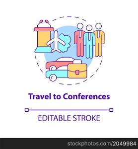 Travel to conferences concept icon. Sending employees to skillshare event abstract idea thin line illustration. Isolated outline drawing. Editable stroke. Roboto-Medium, Myriad Pro-Bold fonts used. Travel to conferences concept icon