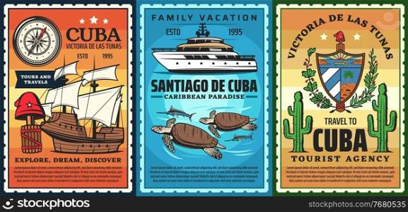 Travel to Cuba, caribbean resort retro posters. Christopher Columbus caravel, phrygian cap and yacht, sea turtle, marlin fish and cuba coat of arms. Vacation on tropical island, travel agency banner. Travel to Cuba, caribbean resort retro poster
