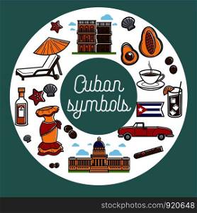 Travel to Cuba promo poster with national symbols. Architectural symbols, red cabriolet, fragrant coffee, famous rum, natural cigar, female dress, exotic fruits and soft recliner vector illustrations.. Travel to Cuba promo poster with national symbols.