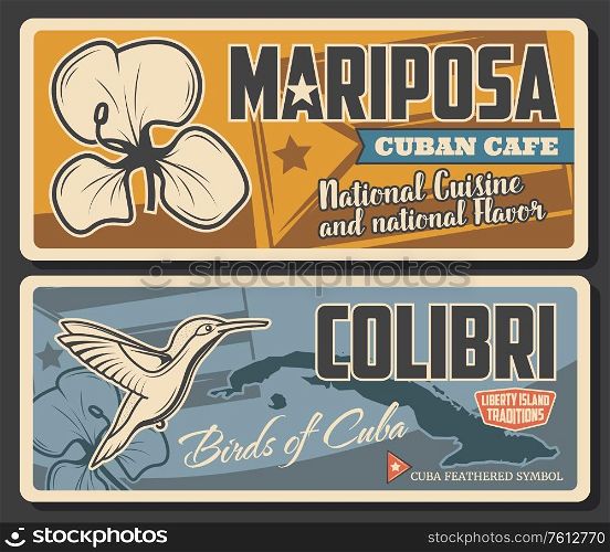 Travel to Cuba retro vector posters with mariposa flower, national Cuban flag, map of exotic island and colibry bird symbol of Cuba. Tourism and traveling to Havana and Caribbean islands vintage cards. Travel to Cuba retro vector posters, tourism
