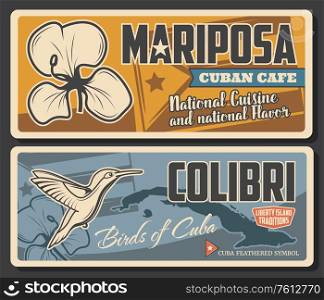 Travel to Cuba retro vector posters with mariposa flower, national Cuban flag, map of exotic island and colibry bird symbol of Cuba. Tourism and traveling to Havana and Caribbean islands vintage cards. Travel to Cuba retro vector posters, tourism