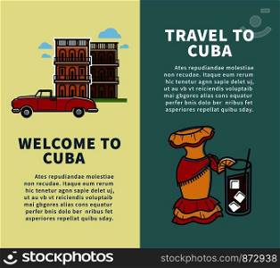 Travel to Cuba vertical booklets with sample text. Authentic building, red retro cabriolet, flamenco dress and drink of rum and cola with ice cartoon flat vector illustrations on brochures set.. Travel to Cuba vertical booklets with sample text