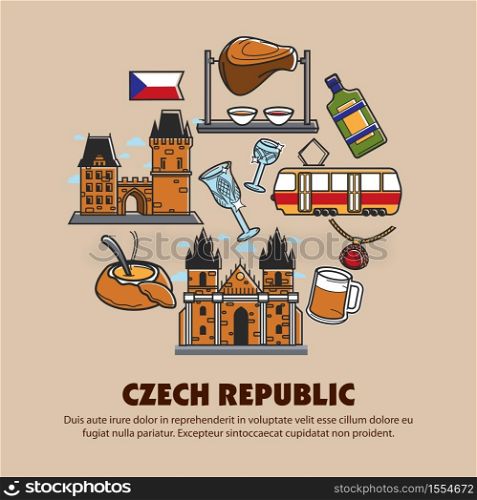 Travel to Czech Republic symbols vector architecture and alcohol bridge and cathedral liquor and beer crystal glassware tram and onion soup meat on skewer glass and mug national flag and jewelry.. Czech Republic symbols seamless pattern traveling and tourism