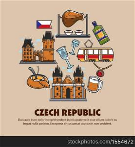 Travel to Czech Republic symbols vector architecture and alcohol bridge and cathedral liquor and beer crystal glassware tram and onion soup meat on skewer glass and mug national flag and jewelry.. Czech Republic symbols seamless pattern traveling and tourism
