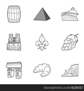 Travel to France icons set. Outline set of 9 travel to France vector icons for web isolated on white background. Travel to France icons set, outline style