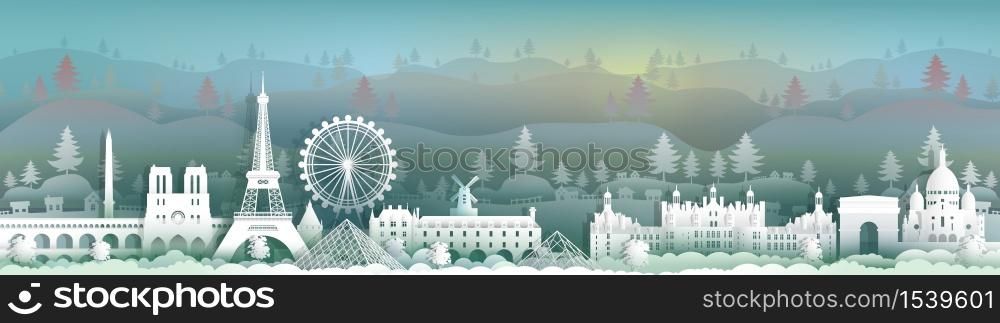 Travel to france panorama view famous landmarks of the world with landscape background,Touring to beauty culture, Vector illustration for presentation, Paper cut style for travel poster and postcard.