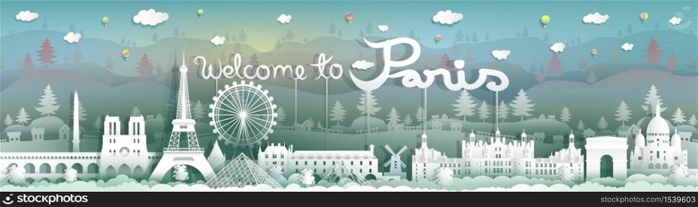 Travel to france panorama view famous landmarks of the world with landscape background,Touring to beauty culture, Vector illustration for presentation, Paper cut style for travel poster and postcard.