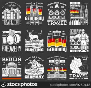 Travel to Germany vector icons, German famous landmarks, sightseeing, touristic attraction. Travel agency isolated labels, european city tours, hunting society and folklore tradition, brewery. Travel to Germany vector icons, German landmarks
