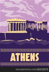 Travel to Greece Athens Poster Travel, columns ruins temple antique, old Mediterranean European culture and architecture. Vintage style vector illustration. Travel to Greece Athens Poster Travel, columns ruins temple antique, old Mediterranean European culture and architecture
