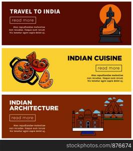Travel to India indian cuisine and architecture heritage of oriental country. Spicy dishes and traditional dessert with chocolate having amazing fragrance. Buildings set, vector illustration. Travel to India Indian cuisine and architecture vector illustration