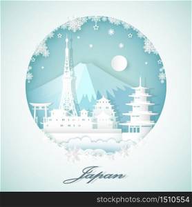 Travel to Japan and sights. Famous landmarks of Asia grouped together. Vector illustration, landmark of Japan in circle snowflake and sunrise or sunset background, popular tourist attraction.