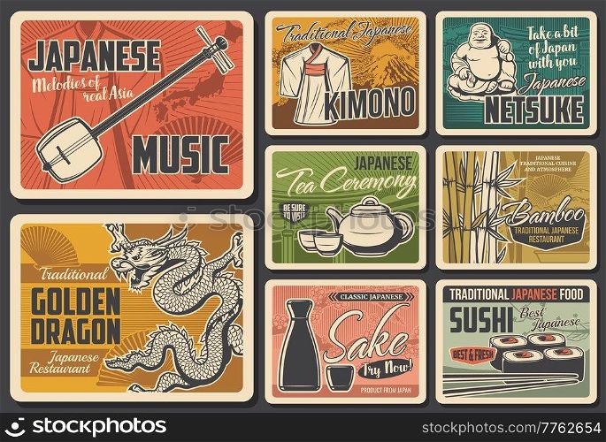 Travel to Japan vector retro posters, Japanese culture and tradition. Asian famous landmarks, sightseeing and attractions music instruments, restaurant, tea ceremony, sushi bar, traditional kimono. Travel to Japan vector posters, Japanese culture