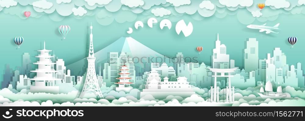 Travel to japan with panorama view landmarks of asian architecture culture city and tourism, Traveling landmark in Asia with paper cut origami style for travel poster and postcard, vector illustration