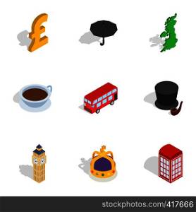 Travel to London icons set. Isometric 3d illustration of 9 travel to London vector icons for web. Travel to London icons, isometric 3d style