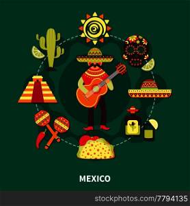 Travel to mexico and mexican traditional costumes musical instruments drink architecture flat vector illustration. Mexico Travel Illustration