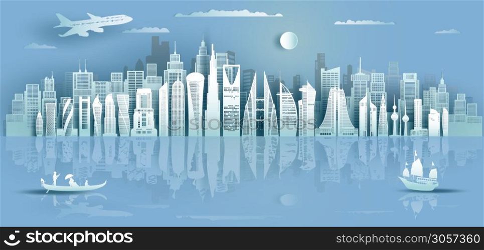 Travel to middle east landmarks of asia with seascape and modern architecture background. Tour asia to Saudi arabia, Qatar, Bahrain, UAE, Kuwait, jordan, Business brochure design.Vector illustration