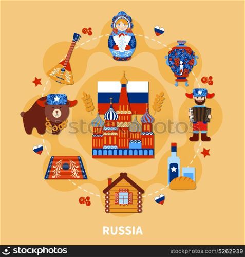Travel To Russia Composition. Travel round composition of isolated sticker style images of authentic russian art with sights and symbols vector illustration