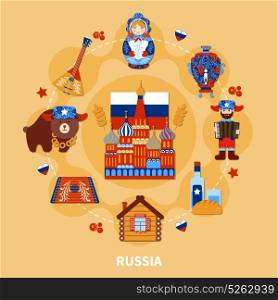Travel To Russia Composition. Travel round composition of isolated sticker style images of authentic russian art with sights and symbols vector illustration