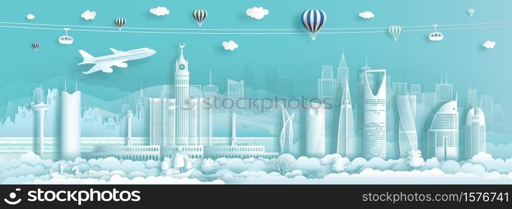 Travel to Saudi Arabia landmark middle east famous city of Asia on turquoise background by airplane and gondola, Tourism panorama popular city, Tour landmarks modern architecture, Vector illustration.