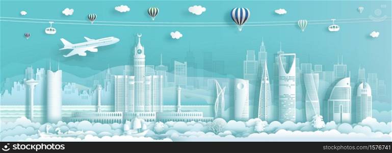 Travel to Saudi Arabia landmark middle east famous city of Asia on turquoise background by airplane and gondola, Tourism panorama popular city, Tour landmarks modern architecture, Vector illustration.
