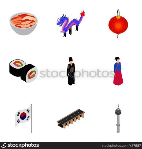 Travel to South Korea icons set. Isometric 3d illustration of 9 travel to South Korea vector icons for web. Travel to South Korea icons set
