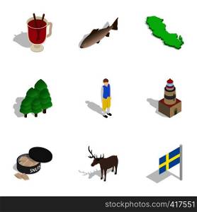 Travel to Sweden icons set. Isometric 3d illustration of 9 travel to Sweden vector icons for web. Travel to Sweden icons set, isometric 3d style