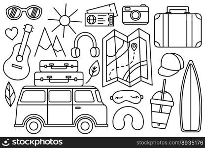 Travel to the mountains by the sea, hike. Eco tourism. C&ing outdoor recreation. Vector line icon. Editable stroke. Doodle style. Travel to the mountains by the sea, hike. Eco tourism. C&ing outdoor recreation. Vector line icon. Editable stroke. Doodle style. Collection of things for the vacation.