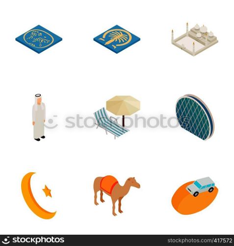 Travel to United Arab Emirates icons set. Isometric 3d illustration of 9 travel to United Arab Emirates vector icons for web. Travel to United Arab Emirates icons set