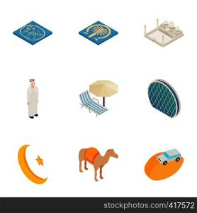 Travel to United Arab Emirates icons set. Isometric 3d illustration of 9 travel to United Arab Emirates vector icons for web. Travel to United Arab Emirates icons set