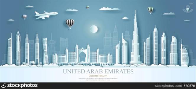 Travel to United Arab Emirates landmarks of asian with architecture cityscape background.Travelling UAE with modern building, skyline, skyscraper, Business brochure modern design.Vector illustration.