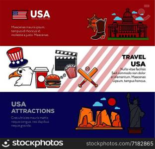 Travel to USA promotional banners with national symbols and attractions. Famous natural and architectural sights on posters set. Journey to huge countries advertisement vector illustrations.. Travel to USA promotional banners with national symbols and attractions
