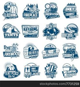 Travel tourism, active leisure isolated vector icons. Hiking and camping tools, travel trailer and tent, backpack and rafting club equipment. Kayaking, campfire and tourism clothing, boots labels set. Travel tourism, active leisure vector icons set